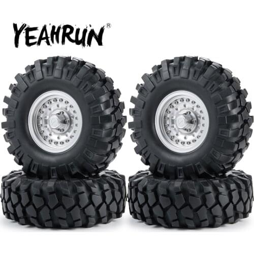 YEAHRUN 4Pcs Silver 1.9 inch Metal Alloy Beadlock Wheel Rims Hubs with Black 108mm OD Rubber Tires for 1/10 RC Crawler Car Parts