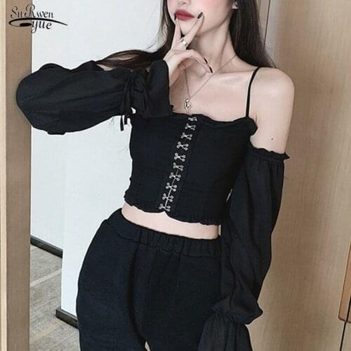 Street Style Womens Shirt Tops Sexy Backless Long Sleeve Blouse Women New Slash Neck Solid Casual Blouses Gothic Clothes 13316