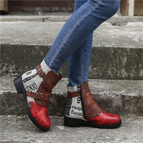 Womens Large Size Short Tube Boots Ladies New Leather Buckles Square Heel Shoes Ethnic Style Fashion Printing Female Boots Hot