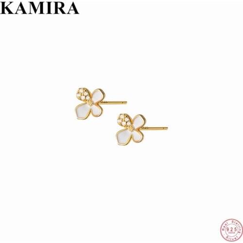 KAMIRA 925 Sterling Silver Lovely Elegant Four Petal Flower Shiny Zircon Stud Earrings for Women Youth Korean Party Fine Jewelry