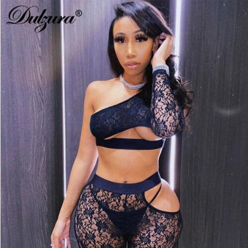 Dulzura Patchwork Women Lace 2 Piece Set Long Sleeve Crop Top High Waist Full Pants Hollow Out See Through Sheer Club Party 2020