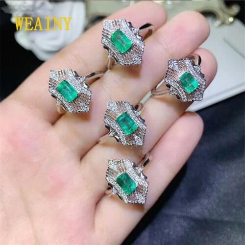 WEAINY Natural Colombian Emerald Ring Genuine S925 Sterling Silver Womens Fashion Ring Main Stone 4*6mm Princess Square Cut