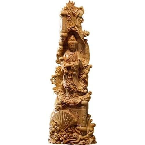 23cm Guanyin Bodhisattva Ruyi Guanyin Wood Carving Buddha Statue solid wooden Sculpture Home Furnishing Crafts Small Ornaments