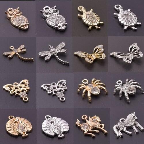 Butterfly Charm 5pcs Rhinestone Animal Spider Owl Horse Pendant Charms For Jewelry Making Supplies Dragonfly Peacock Accessories