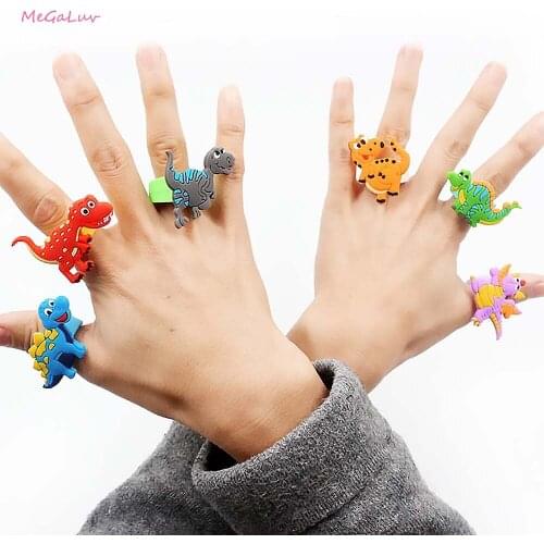 6pcs Finger Dinosaur Ring Children Soft Toy Rubber Ring Happy Birthday Tropical Jungle Party Supplies
