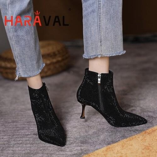 HARAVAL Women Ankle Boots Shoes High Heels Pointed Toe Black Brown Modern Boots Genuine Leather Fashion Shoes Women E471L