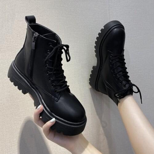 Chunky Platform Lace-up Boots Women Motorcycle Ankle Boots Female Punk Shoes Thick Sole Black Martens Boots Womens Shoes