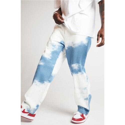 Casual Loose Straight Men Denim Pants Tie Dye Print Sky Blue Long Trouser High Waist Inelasticity Relaxed Jeans Wide Leg Pants