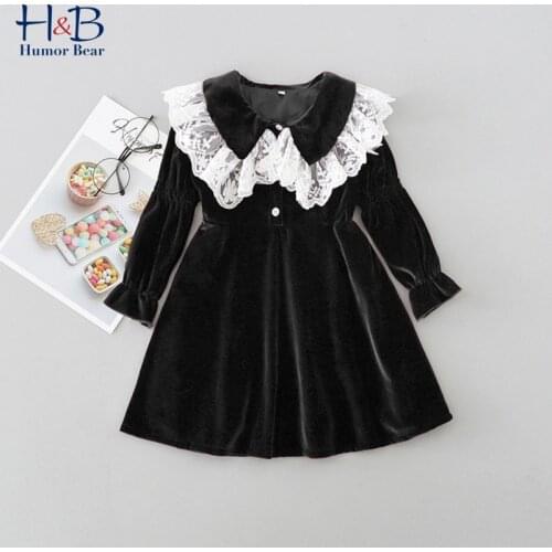 Humor Bear Girls Dress Autumn Winter Long Sleeve Lace Collar Patchwork Velor Dresses Sweet Children Velvet Princess Dress For 2