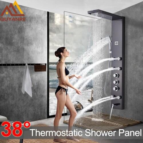 Black Nickel Rainfall Waterfall Shower Panel Massage Jets Shower Column Thermostatic Mixer Shower Faucet Tower Shower Tub Spout