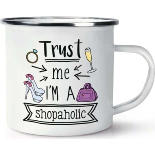 Custom Name Stainless Steel Camping Coffee Mug Trust Me I'm A Shopaholic Enamel Mug Cup Birthday Christmas Outdoors Metal Enamel