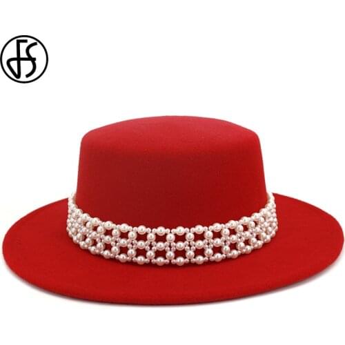 FS Pearl Flat Top Fedora Hat Women Fashion Wide Brim Felt Wool Bowler Hats Elegant Lady Party Church Jazz Round Caps Camel Red