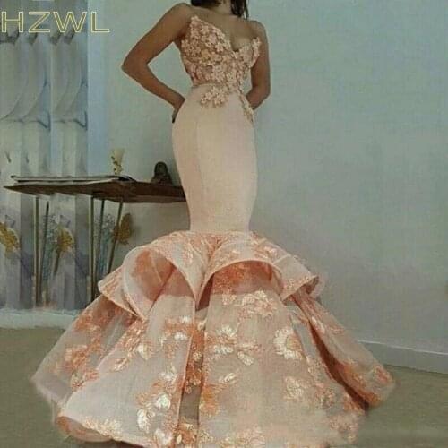 Coral Mermaid Prom Dresses Sweetheart Flora Appliques Backless Evening Gowns Lace Button Tiered Party Dress