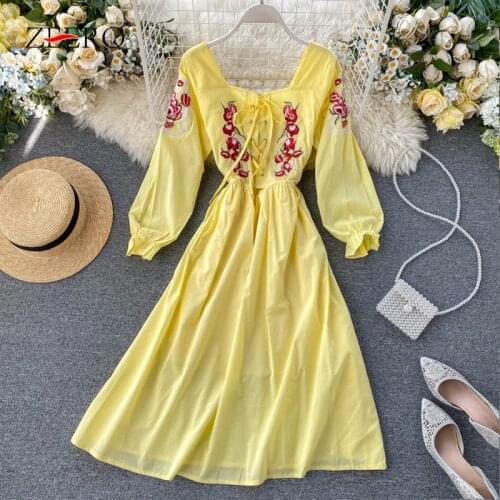 Summer Women Lantern Long Sleeve Square Neck Boho Dress Elegant Female White Lace Up Sexy Vintage Midi Party Dresses Vesticos