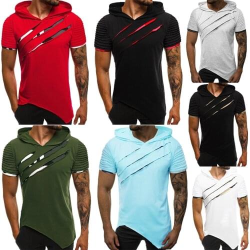 Summer Hot Sale Men Hooded T-shirt Broken Copper Camouflage Personality Fitness Wrinkle Short-sleeved Men -40
