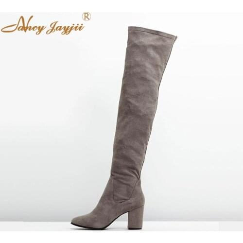 Flock Women Shoes Adult ladies Black Boots Over-the-knee Slip-On Super High Square heels Winter Solid Mature Leisure Party 2019