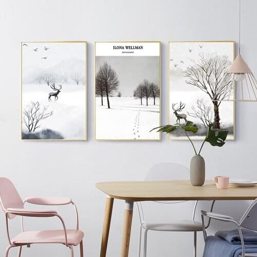 3 Pieces Black And White Deer Landscape Wall Art Print Canvas Painting Winter Nordic Poster Wall Picture Living Room Decoration