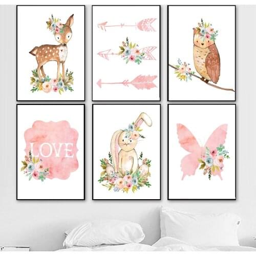Woodland Animal Poster Nursery Canvas Wall Art Print Deer Owl Rabbit Painting Nordic Kids Decoration Pink Pictures Bedroom Decor