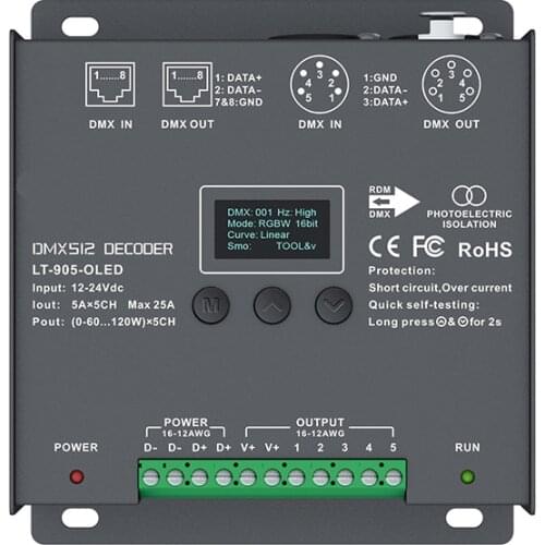 New Led DMX Decoder Controller;DC 12V-24V Input;5A 5 Channel Output RGB/RGBW Led Controller XLR-3/RJ45 256 /65536 Grey Level
