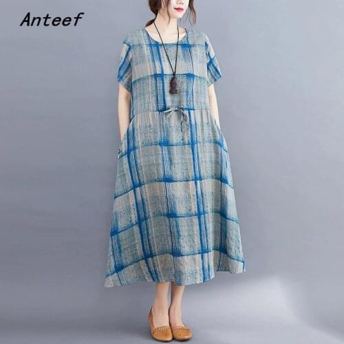 Short sleeve cotton linen vintage plaid dresses for women casual loose long woman summer dress elegant clothes 2021