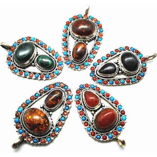 Vintage Flower Pendant Copper Inlaid Natural Stone Beads Big Pendants Nepalese Jewelry TBP353