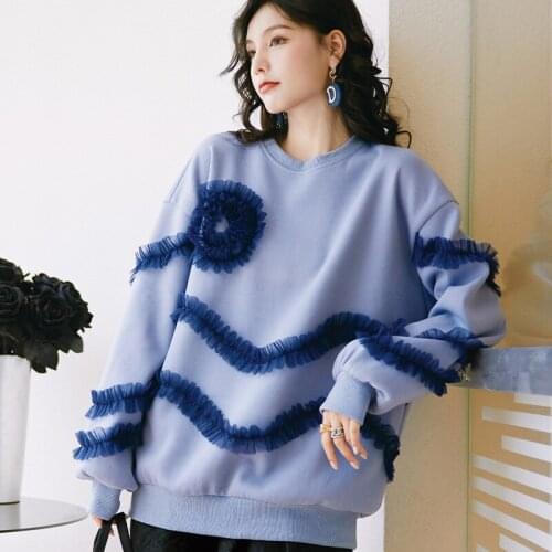 S3613 design feeling autumn new trend high street pure color loose type long sleeve lace agaric edge stitching hoodie