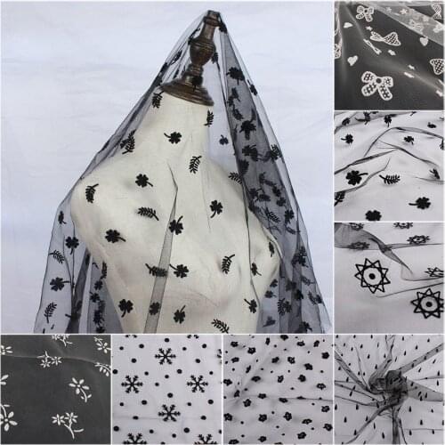 Comfortable soft net flocking mesh fabric flower embellish snow sun leaf curtain gauze bridal wear veil girl dress making