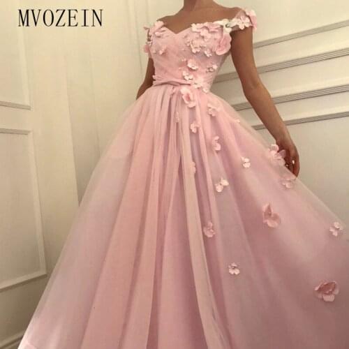 Abendkleider Pink Evening Dress Sheers A-Line Off The Shoulder 3D Flower Evening Dresses Long Prom Party Dress Formal Gowns