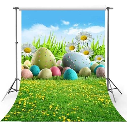 Vinyl Photography Backdrop Spring Season Colorful Easter Eggs Green Lawn Wildflower Tree Decor Children Background Photo Studio