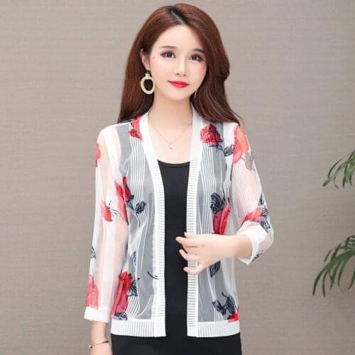 Women 2021 Spring Summer Lace Mesh Blouse Sun Protection Cardigan Jacket Print Coat Female Long Sleeve Casual Shawl Top Y974