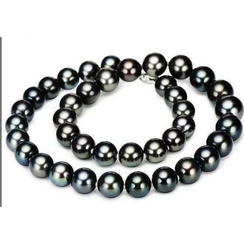 Stunning9-10mm tahitian black green round pearl necklace 18inch 925s KKK