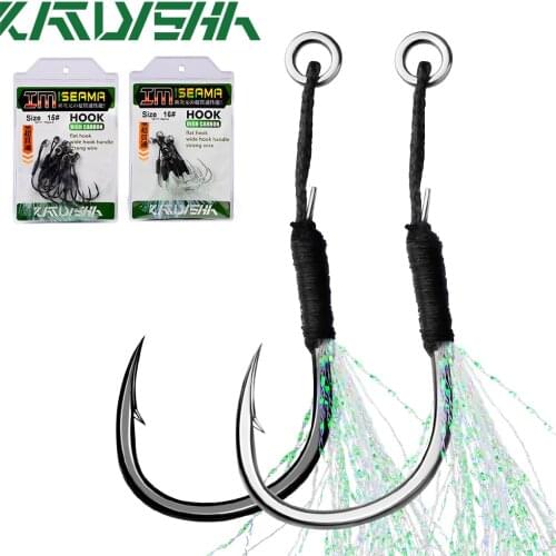 KATYUSHA 10Pcs Metal Jig Tail Assist Hooks 11-19# With PE Line Feather Solid Ring Jigging Fishhook for 5-80g Lure Fishing Hooks