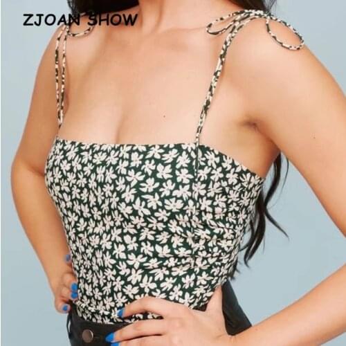 2021 Adjust Tie Bow Strap Wood ears Green Floral Print Camis Women Summer Tanks Retro Girl Sexy Slim Chiffon Crop Top Short Tees