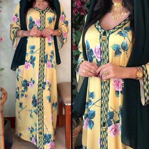 2021 New Arrival Maxi Dress Ramadan Yellow Flower Abayas Islam Womens Clothing Muslim Fashion Robe Long Dubai Kaftan Arab Flora