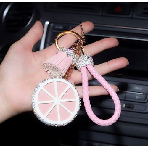 Crystal Fruit lemon Keychain Braided PU Leather Car Key Ring Holder Buckle Lovely Gifts Auto Keychain styling