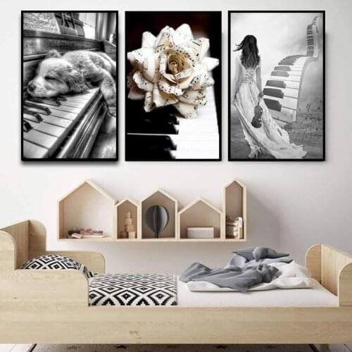Black And White Piano With Flowers Music Canvas Painting Wall Art Women Posters And Prints Wall Pictures For Living Room Decor