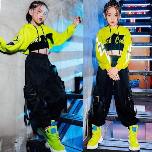 Kids Hip Hop Clothes For Girls Green Cropped Hoodie Tops Vest Black Hip Hop Pants Kids Performance Jazz Modern Dancing Costumes