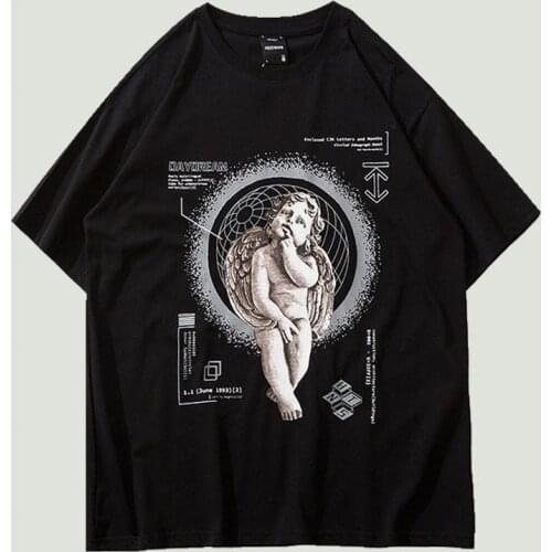 Mens Oversize T-shirt Angel Boy Thinking Letter Printed Short Sleeve 2021 New Harajuku Streetwear Casual Cotton T-Shirts Tops