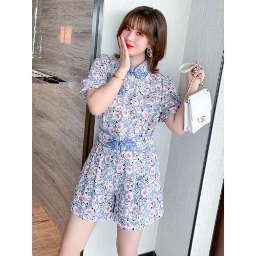 Classic stand collar button button bead top+Printed high waist A-Line Womens new summer shorts