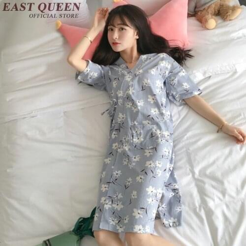 Traditional japanese kimono femme kawaii summer long kimono dress cotton kimono tie waist flower print blusas NN0673 YQ