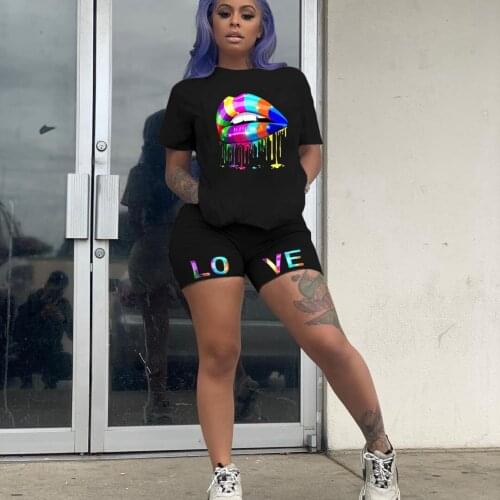 Sexy Womens Two Piece Sets Short Sleeve Round Neck Top T-Shirts High-Waist Pants Elastic Lip Printed Summer Tracksuit Sets