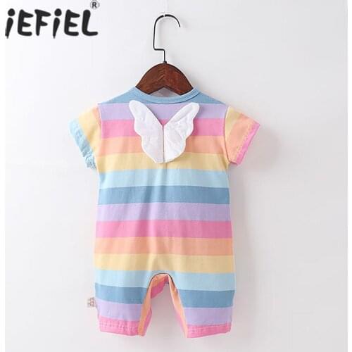 Summer Baby Clothing Newborn Baby Girl Rainbow Striped Romper Clothes Short Sleeve Wing Little Angel Rompers Jumpsuit Outfits