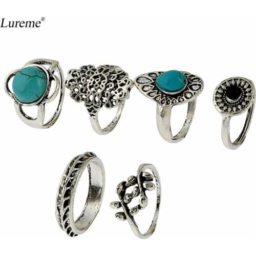 Lureme Vintage Silver Turkish Leaf Green Stone Gypsy Joint Knuckle Nail Midi Ring Set of 6 for Women Jewelry (rg001838)