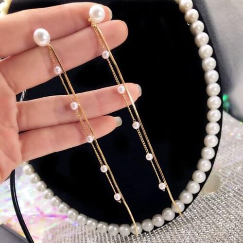 Trendy Metal Long Imitation Pearl Geometric Fan Shaped Elegant Tassel Drop Earrings for Women Girl Jewelry Party Asseccoires New