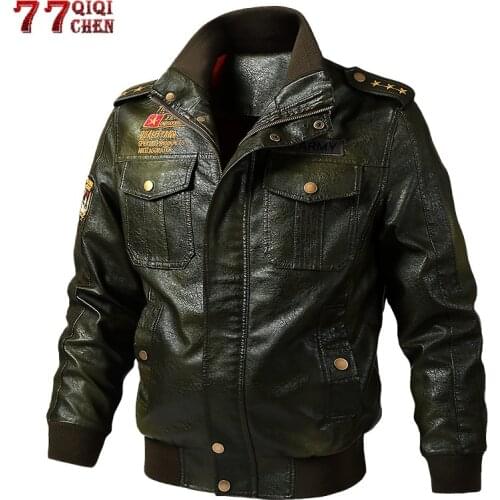 Military PU Leather Jacket Men Casual Baseball Coats Plus Size 6XL Bomber Pilot Embroidery Motorcycle Faux Leather Jackets Men