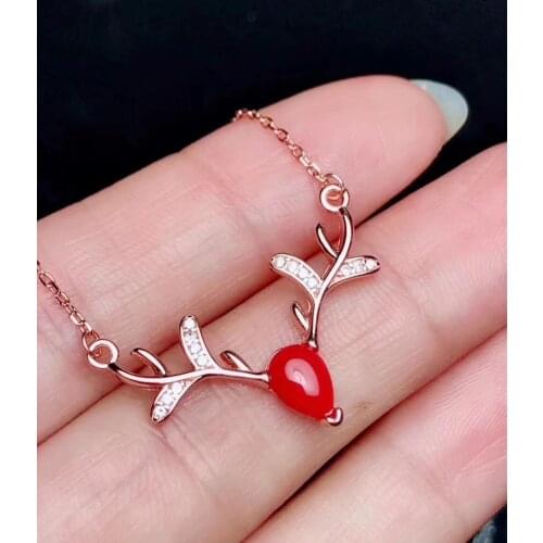 Natural red coral gem Elegant Lovable deer necklace natural gemstone pendant necklace S925 silver girl party gift fine jewelery