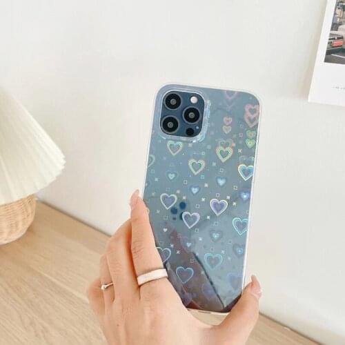 Clear Laser Love Heart Pattern Phone Case For iPhone 12 11 Pro Max XS XR X SE 2020 6 6s 7 8 Plus Back Cover Shockproof Bumper