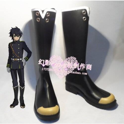 Seraph of the End Yuichiro Hyakuya Black Halloween Long Cosplay Boots Shoes H016