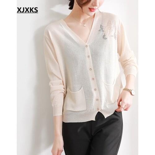 XJXKS Wool knitted cardigan women single-breasted thin sweater 2021 spring autumn new fashion V necktie pocket women jacket