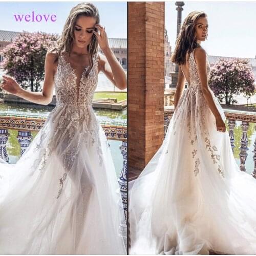 Wedding Dresses V-Neck Appliques Lace A-Line Tulle Wedding Gown Beach Simple Bridal Dress bestidos de novia 2021 Bridal Gown